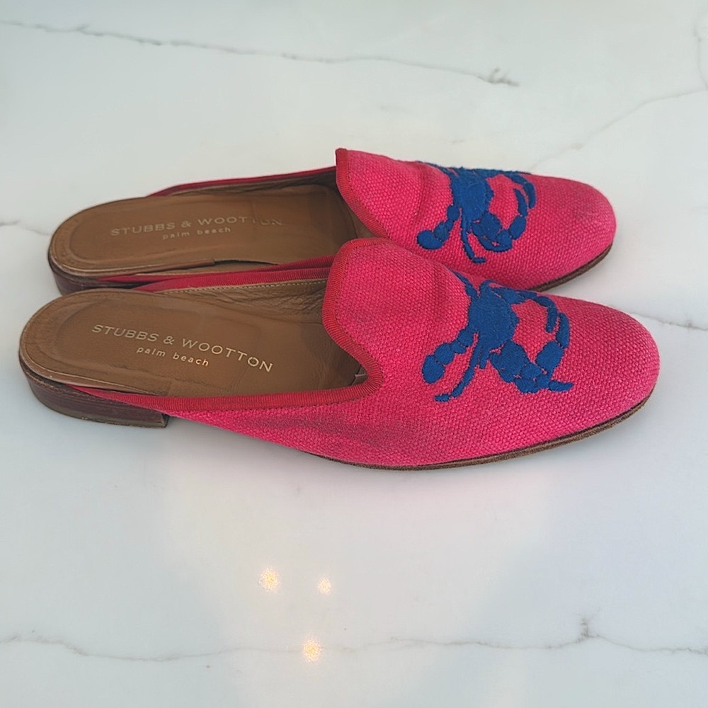 Stubbs & Wootton pink Slipper mules with blue needlepoint Crab Motif Size 9 - Picture 4 of 9